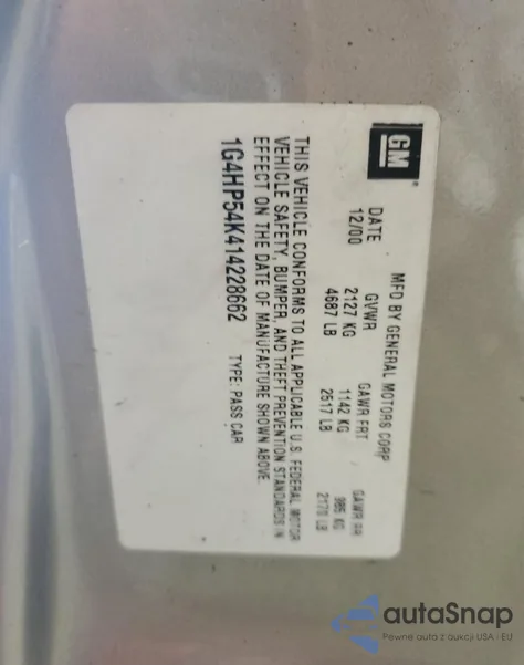 2001 Buick Lesabre Custom z USA, uszkodzony, nr VIN 1G4HP54K414228662